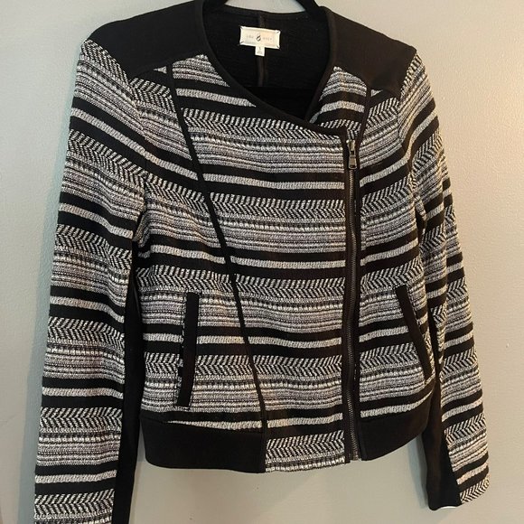 LOU & GREY Black and White Moto Asymmetrical Zip Knit Sweater Size S - Picture 4 of 10